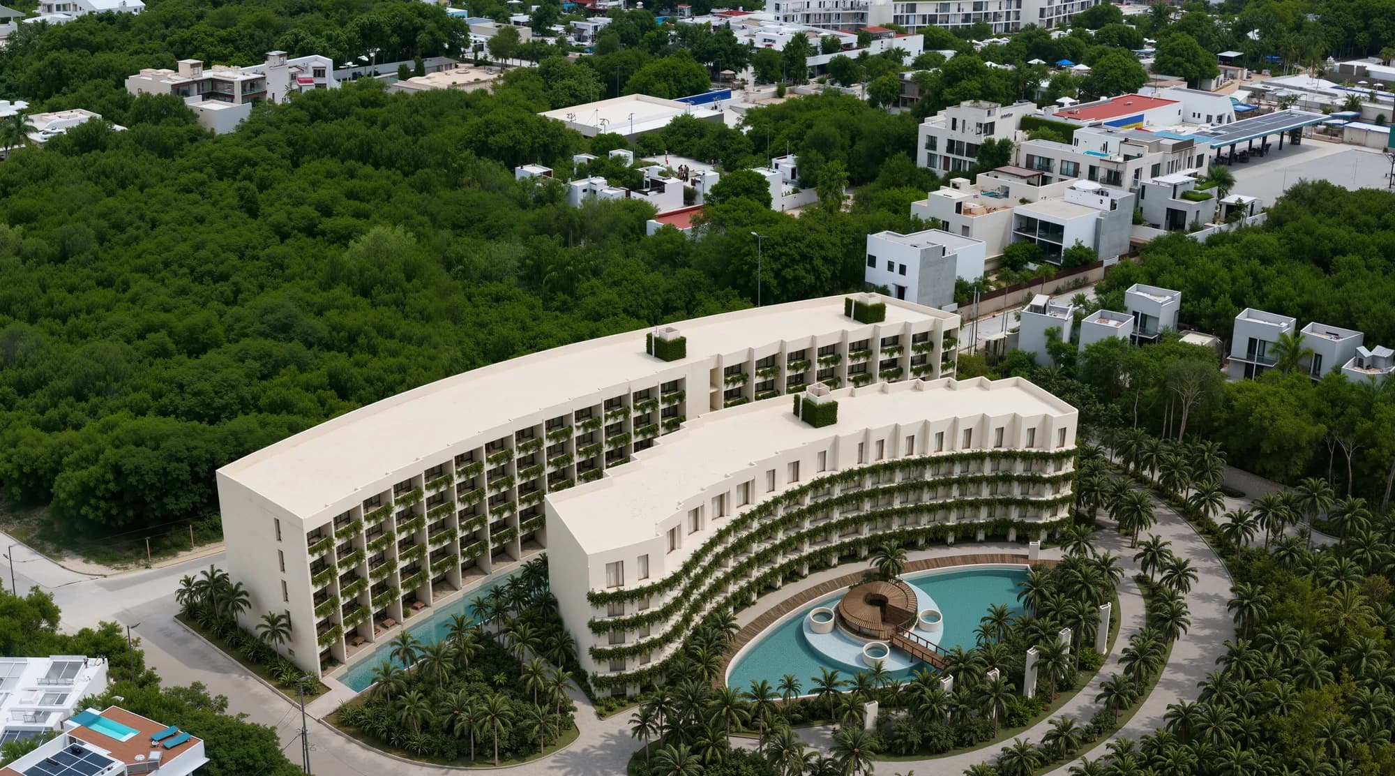 Fotomontaje conceptual de Dalái Family Resort, con alberca central y arquitectura rodeada de vegetación en Tulum.