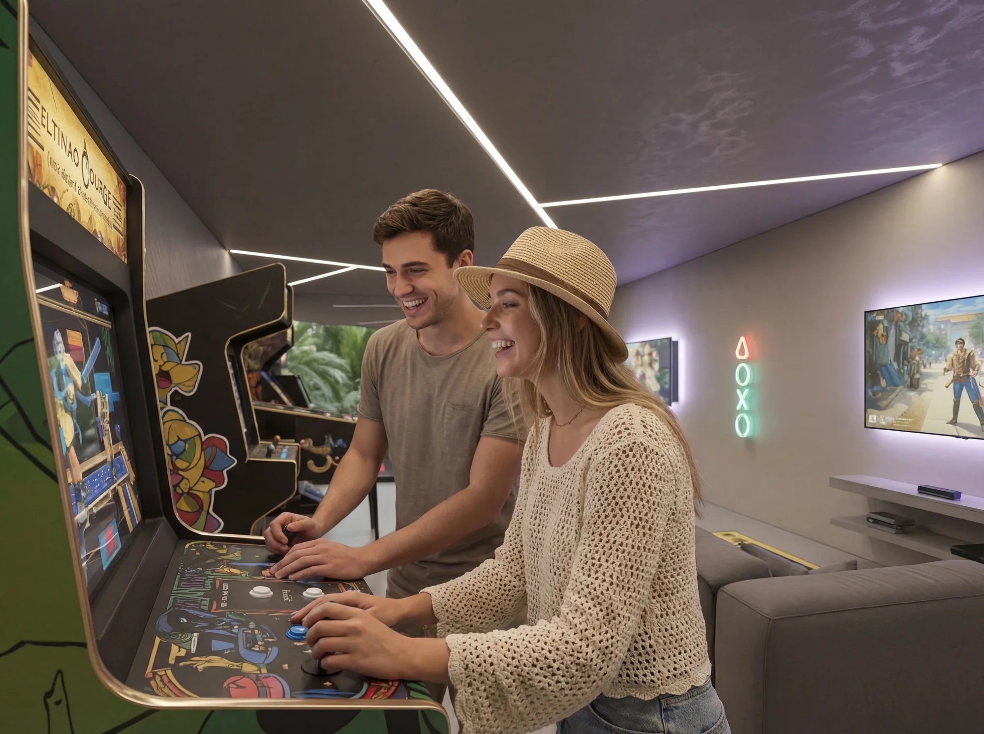 Escena conceptual de personas jugando en máquinas arcade dentro de una sala de juegos.