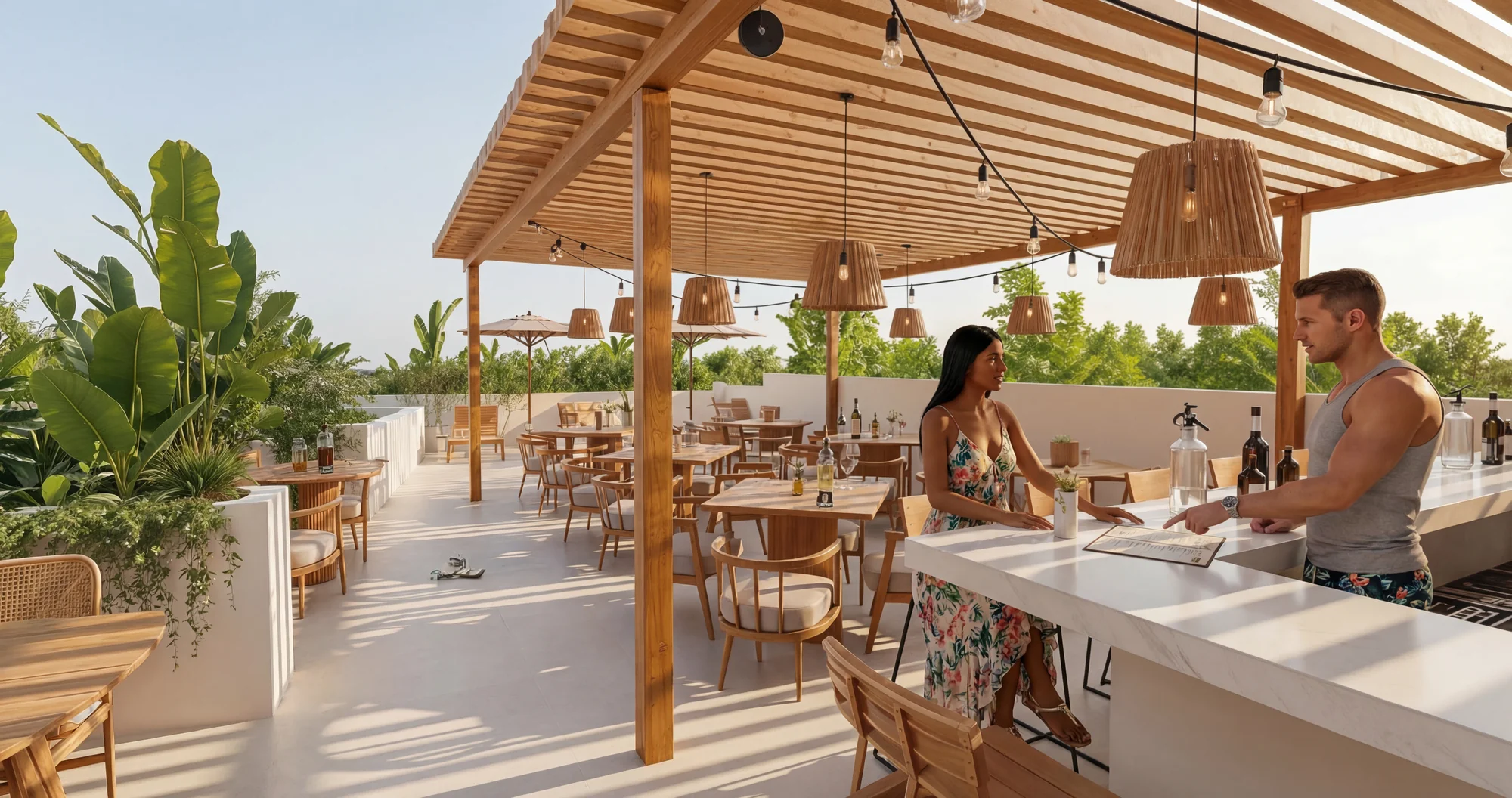 Bar abierto en terraza con pérgola de madera, asientos y vegetación tropical.
