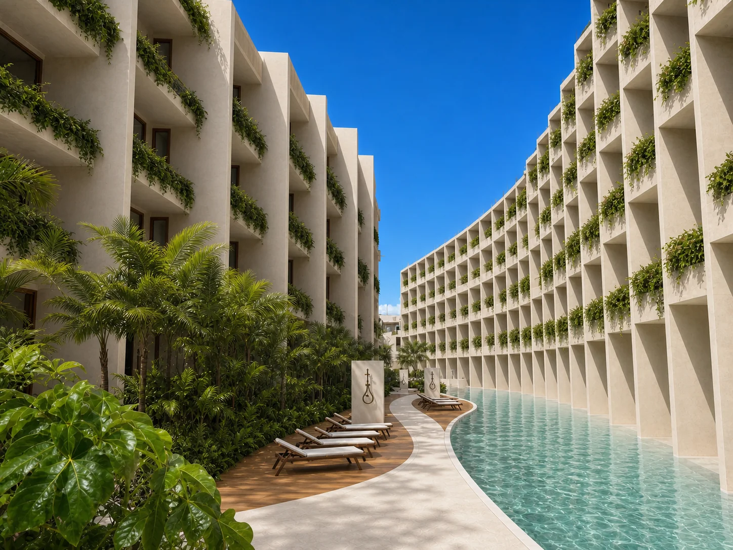 Perspectiva del canal de agua entre los cuerpos del edificio con camastros y vegetación.