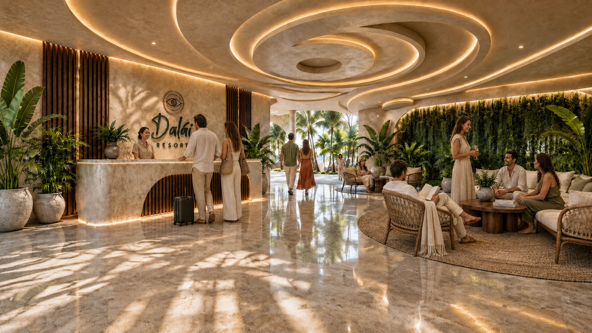 Lobby conceptual con recepción, sofás, vegetación y plafón de iluminación curva.