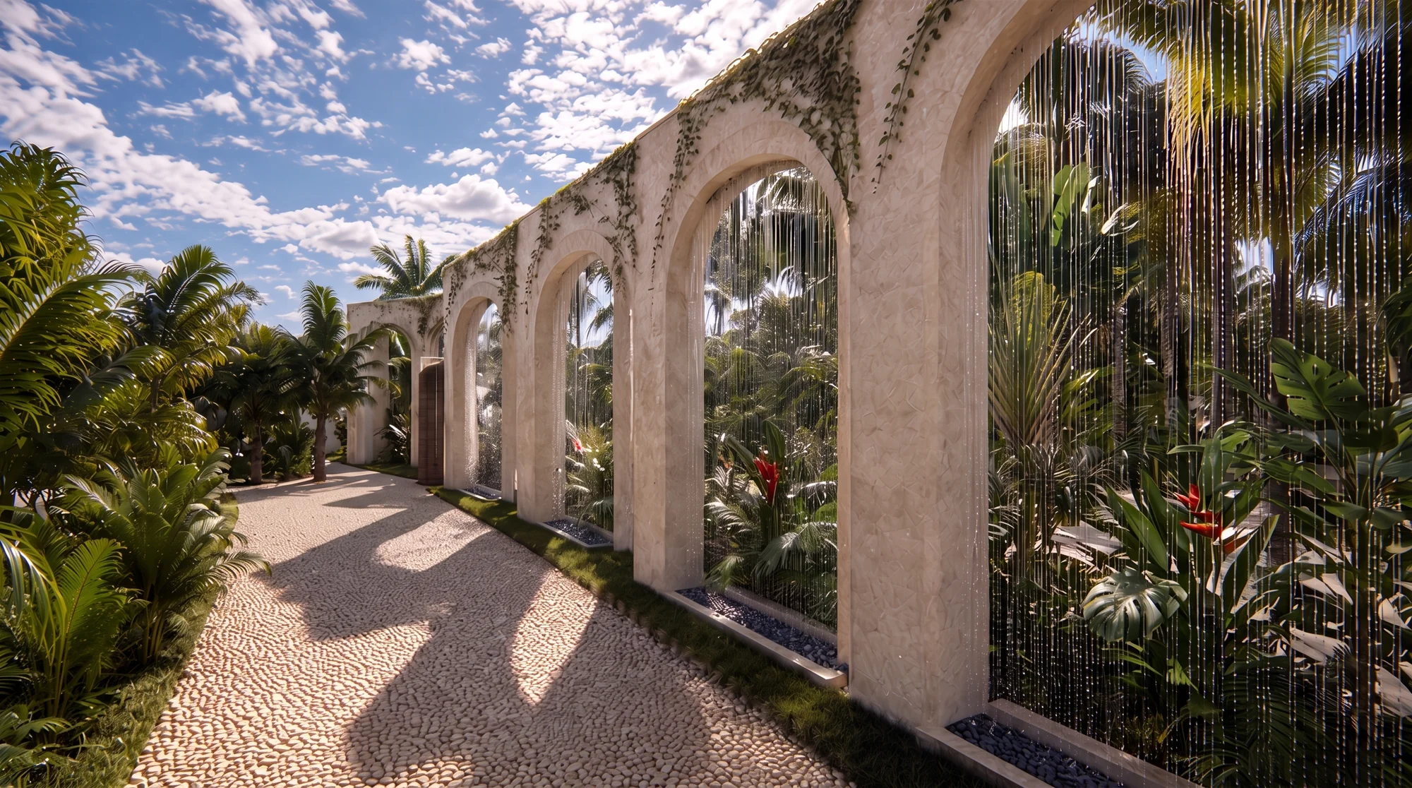 Sendero conceptual con arcos claros, cortinas de agua y vegetación tropical.