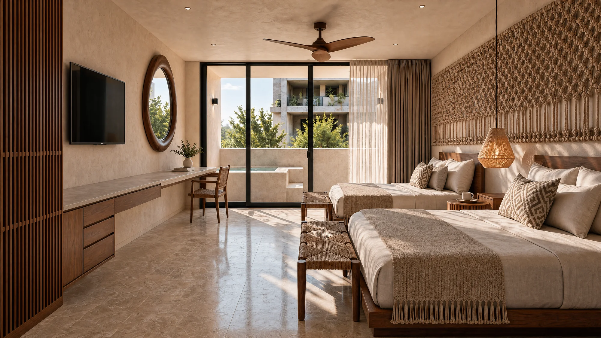 Interior conceptual de una habitación con cama, sofá, acabados naturales y balcón.